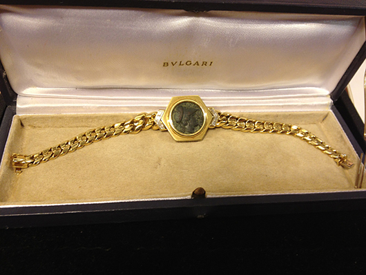 Bulgari 18K gold and diamond bracelet with an ancient coin at the center, appraised for $11,500 in 2005. Tim’s Inc. image.